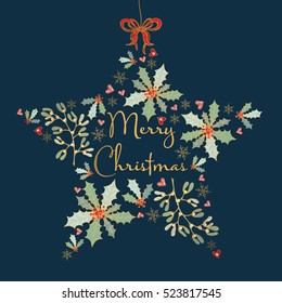 Golden Christmas and New Year card in the shape of a star  with holly and mistletoe. hand drawn.