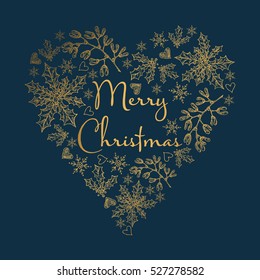 Golden Christmas and New Year card in the shape of a heart with cones, holly and mistletoe. hand drawn