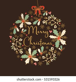 Golden Christmas and New Year card with holly and mistletoe. hand drawn.