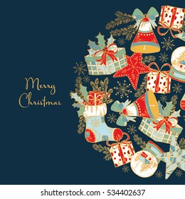 Golden Christmas and New Year card with Christmas decorations: boots, bell, star and present. Hand drawn 
