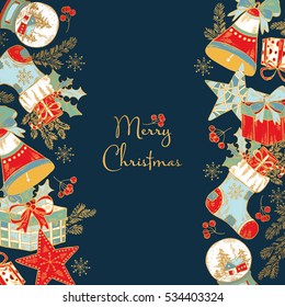 Golden Christmas and New Year card with Christmas decorations: boots, bell, star and present. Hand drawn 