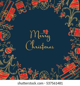 Golden Christmas and New Year card with Christmas decorations and present. Hand drawn