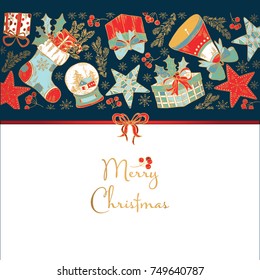 Golden Christmas and New Year card with Christmas decorations and present. Vector hand drawn illustration.