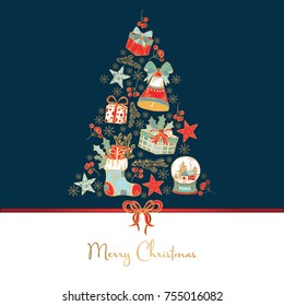 Golden Christmas and New Year card with Christmas tree and Christmas decorations: boots, bell, star and present. Vector hand drawn illustration.