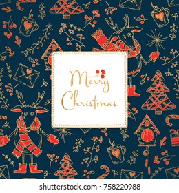 Golden Christmas and New Year card with deer and Christmas decorations. Vector hand drawn illustration