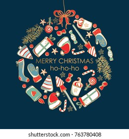 Golden Christmas and New Year card with Christmas decorations and present. Vector hand drawn illustration