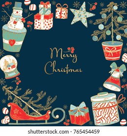 Golden Christmas and New Year card card with Christmas present and Christmas tree. Vector hand drawn illustration