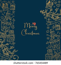 Golden Christmas and New Year card  with Christmas present and Christmas tree. Vector hand drawn illustration