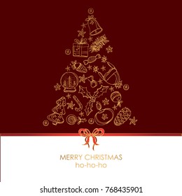 Golden Christmas and New Year card with Christmas tree. Vector hand drawn illustration