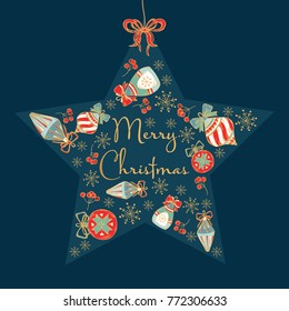 Golden Christmas and New Year card in the shape of a star with Christmas decorations. Vector hand drawn illustration. 