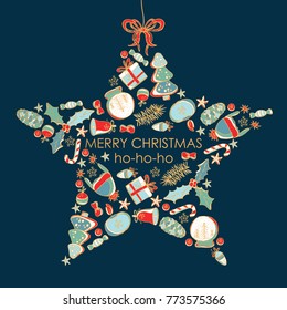 Golden Christmas and New Year card in the shape of a star with Christmas decorations and present. Vector hand drawn illustration