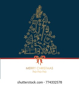 Golden Christmas and New Year card with Christmas tree. Vector hand drawn illustration