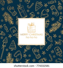 Golden Christmas and New Year card with Christmas decorations and present. Vector hand drawn illustration