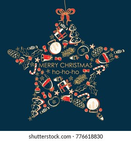 Golden Christmas and New Year card in the shape of a star with Christmas decorations and present. Vector hand drawn illustration