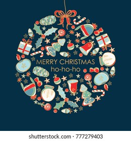 Golden Christmas and New Year card with Christmas decorations and present. Vector hand drawn illustration