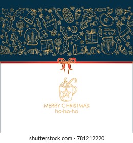 Golden Christmas and New Year card with Christmas decorations and present. Vector hand drawn illustration