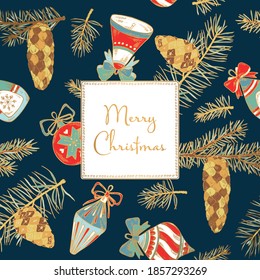Golden Christmas and New Year cards with  holly tree branch with cone and christmas decoration. Vector hand drawn illustration.