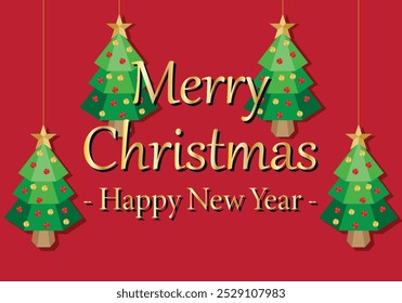 Golden Christmas and New Year greeting card with Christmas trees on red background