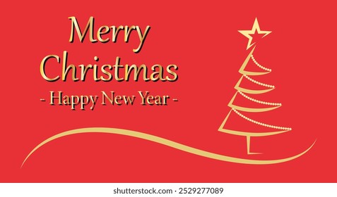 Golden Christmas and New Year greeting card with Christmas tree on red background