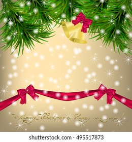 Golden Christmas and New Year Greeting card with Christmas tree, snowflakes, bows, ribbon and jingle bells