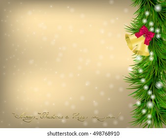 Golden Christmas and New Year Greeting card with fir twigs, snowflakes and jingle bells
