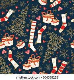 Golden Christmas and New Year seamless with Christmas stocking, Holiday tree and present. hand drawn
