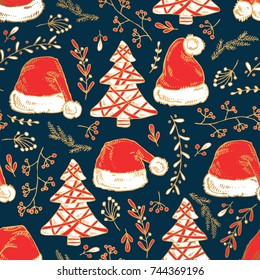 Golden Christmas and New Year seamless pattern with hat of Santa Claus and Christmas decorations. Vector hand drawn illustration
