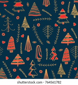 Golden Christmas and New Year seamless pattern with Christmas tree. Vector hand drawn illustration. 