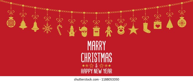 Golden christmas ornaments hanging on a curved rope. White color lettering  isolated on a red background. Vector.Christmas card with decoration.