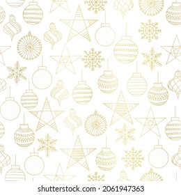 Golden Christmas ornaments seamless vector pattern. Repeating background hand-drawn metallic gold foil Christmas baubles balls, snowflakes. For gift wrap, fabric, wrapping, Christmas cards, packaging.