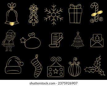 Golden Christmas ornaments set with balls, snowflakes, hats, star, Christmas tree, orange, sock, gift, drink and garlands. 