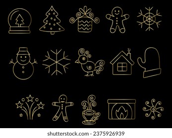 Golden Christmas ornaments set with balls, snowflakes, hats, star, Christmas tree, orange, sock, gift, drink and garlands. 