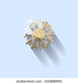 golden Christmas paper cut 3d snowflakes with shadow on bright background. New year and Christmas design elements