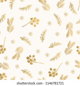 Golden Christmas pattern with branches and berries. Foil texture. Hand drawn winter design.