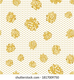 Golden Christmas pattern with present, gift box on the polka dot. Foil texture. Hand drawn winter design