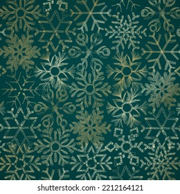 Golden Christmas pattern with snowflakes. Luxurious golden linear ornament for the New Year. Premium design for wallpapers, silk fabrics and decorations. Vector illustration.