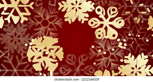 Golden Christmas pattern with snowflakes. Luxurious golden linear ornament for the New Year. Premium design for wallpapers, silk fabrics and decorations. Vector illustration.