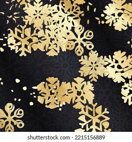 Golden Christmas pattern with snowflakes. Luxurious golden linear ornament for the New Year. Premium design for wallpapers, silk fabrics and decorations. Vector illustration.