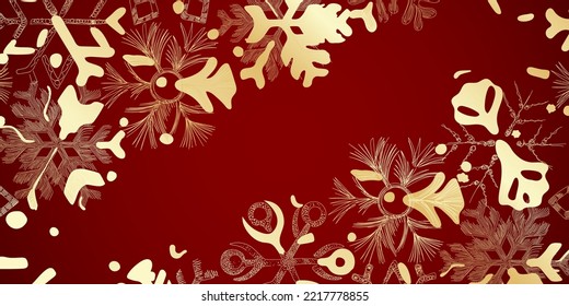 Golden Christmas pattern with snowflakes. Luxurious golden linear ornament for the New Year. Premium design for wallpapers, silk fabrics and decorations. Vector illustration.