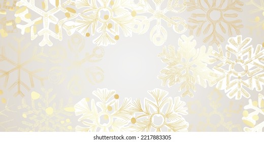 Golden Christmas pattern with snowflakes. Luxurious golden linear ornament for the New Year. Premium design for wallpapers, silk fabrics and decorations. Vector illustration.