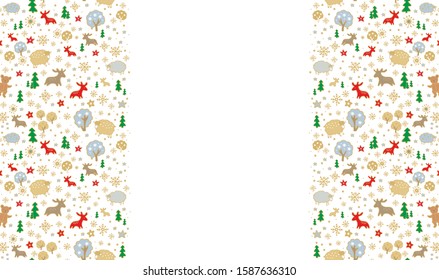 Golden Christmas pattern with trees, snowflakes, deers, bears, lambs on white background