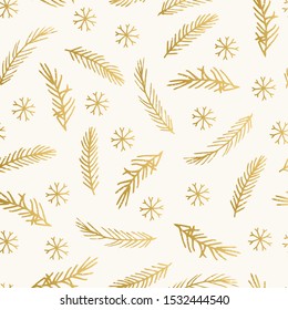 Golden Christmas pattern with winter plants and snowflakes. Vector illustration.