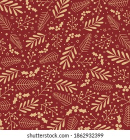 Golden Christmas plants elements pattern with red background.
