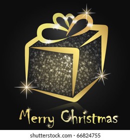 Golden Christmas present in a box with twinkling lights on black background