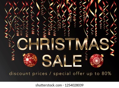 golden christmas sale banner with balls and red shiny falling confetti