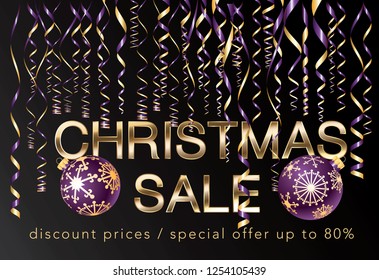 golden christmas sale banner with balls and purple shiny falling confetti
