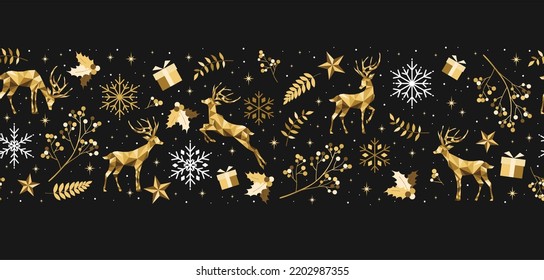 Golden Christmas seamless decoration on black background. Happy New Year and  Christmas pattern. Gold reindeer and snowflakes. Vector template  for greeting card or party invitation.