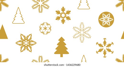 Golden Christmas seamless pattern with geometric motifs. Snowflakes, fir trees and circles with different ornaments. Retro design collection. Template for cards and gift packagings.