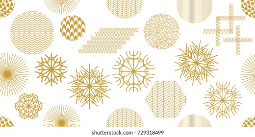 Golden Christmas seamless pattern with geometric motifs. Snowflakes, crosses, hexagons and circles with different ornaments. Retro textile collection. On white background.