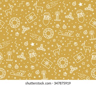 Golden Christmas seamless pattern for gift wrapping or cards for the holidays. Easy style in one line, hipster style.